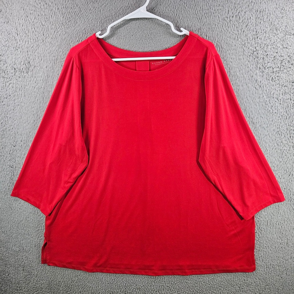 Susan Graver Modern Essentials Red Liquid Knit 3/4‎ Sleeve Top 2X Pleat Back